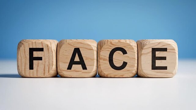 Animated wooden blocks illustrate 'FACT' changing to 'FACE', a powerful visual aid for exploring objective truth vs. subjective perception, critical for business strategy and communication.
