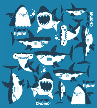 Cute shark icons, cartoon sea creatures, white and blue illustrations, Chomping teeth graphics