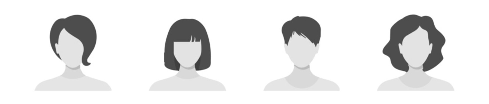 Set of four grayscale female and male avatar icons with side part, bob haircut, short hair, and wavy profile shapes isolated on a white vector background for interface use.