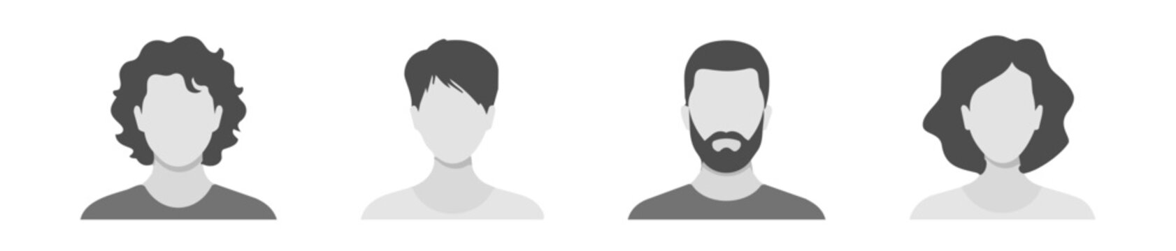 Collection of four grayscale profile avatar icons with curly, side swept, bearded, and bob haircut characters isolated on a white vector background for account interface use.
