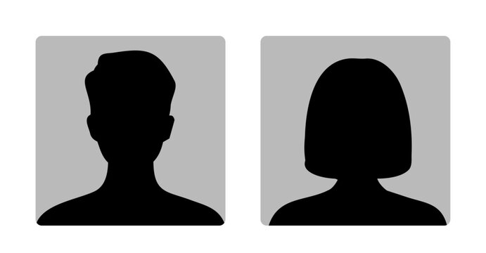 Two square avatar silhouettes display male and female profile placeholders in bold black shapes on light gray panels, isolated as editable vector icons for account interfaces.