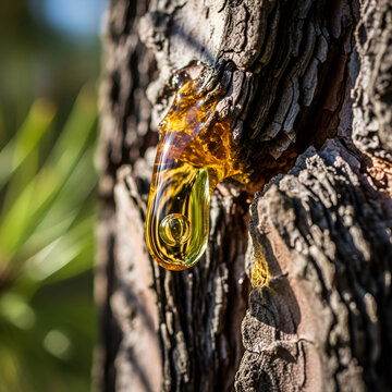 Amber tree sap, close-up, liquid resin, and bark texture