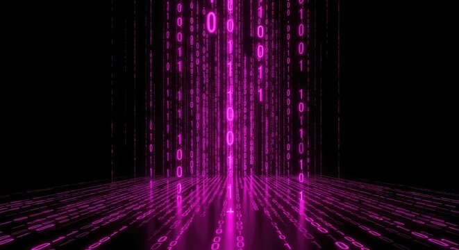 Glowing purple binary code stream flowing upwards on a black background, representing digital data, technology, and cyberspace.