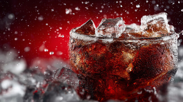 Refreshing cola drink with ice cubes and splashing water, studio shot with red background.