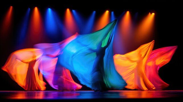 Vibrant silks flowing gracefully under colored stage lights, creating a mesmerizing dance display