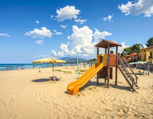 Fototapeta premium Sunny beach scene with a children's slide, a yellow umbrella, and a blue ocean under a partly cloudy sky. People are visible