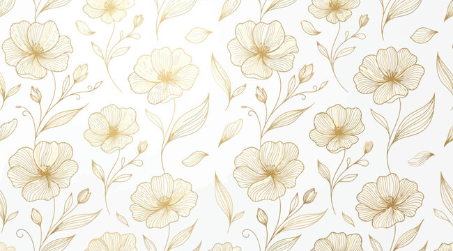 Seamless pattern with handdrawn flowers in gold line art style