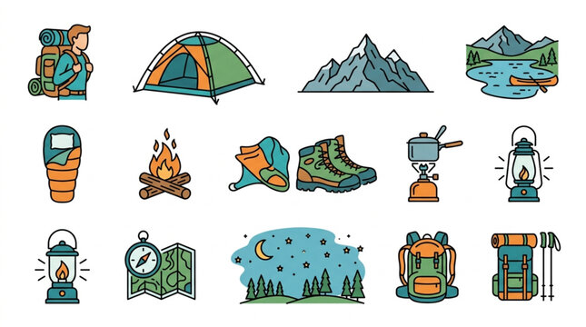 Outdoor Adventure Camping Gear and Supplies Collection.