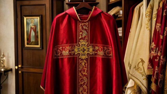 A deep red silk vestment with gold embroidery in a quiet church room.