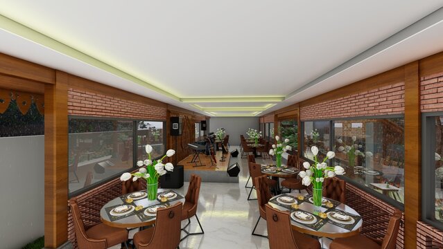 Traditional interior with exposed brick wall finish, interior of a restaurant in Central Java. 3D rendering