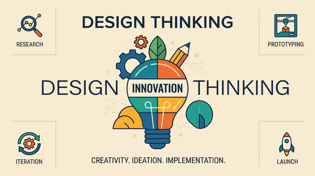 A creative diagram showing the process of design thinking and innovation