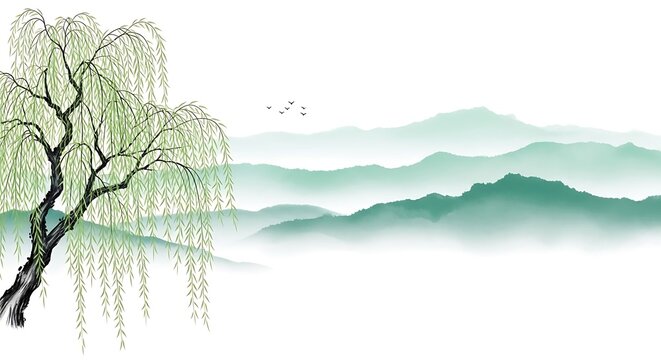 Chinese ink landscape with a willow tree in the foreground and misty mountains in background
