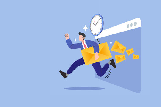 Express mail delivery and time management concept with businessman running. Male manager holding big envelope jumping out of website computer browser with clock, fast email marketing notification,