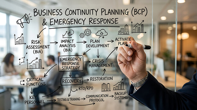 A professional hand draws a comprehensive business continuity planning and emergency response flowchart on a glass board in a modern office environment.