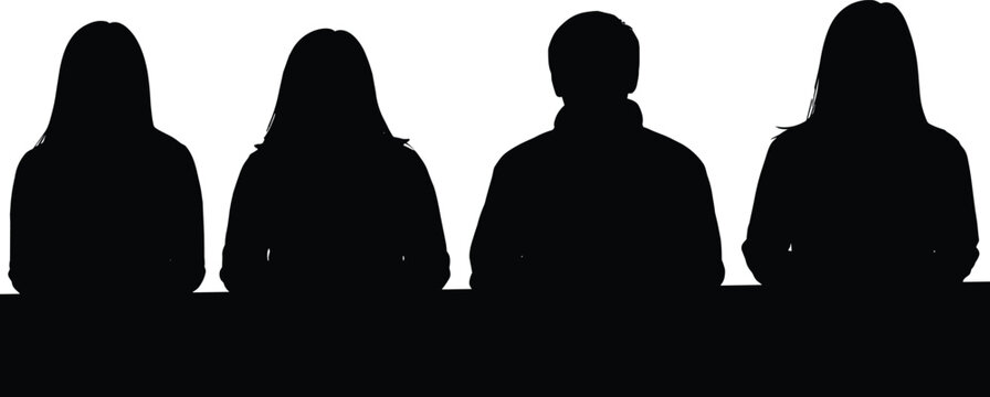 Silhouettes of people sitting at table rear view panel interview or conference audience business meeting concept