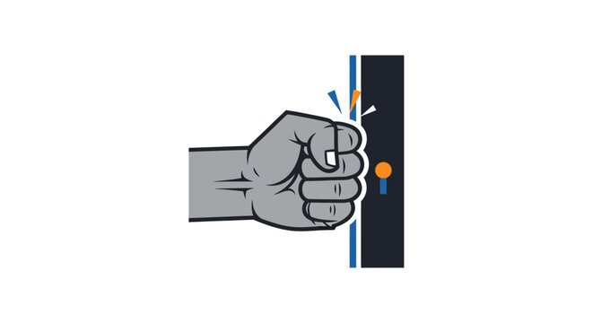 A fist knocking on a generic door, with a simple illustration style and design