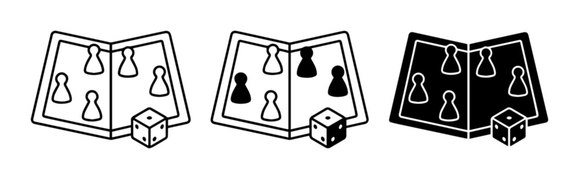 Board game pieces and dice linear icon set, UI and web interface design