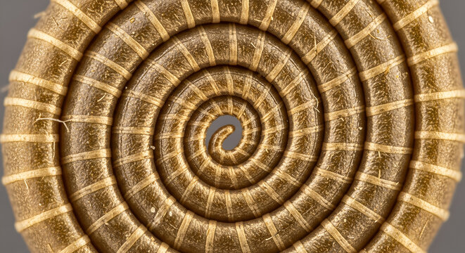 Macro view of millipede coiled in spiral shape