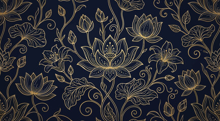 Seamless pattern of golden lotus flowers and leaves on a dark blue background, ornate botanical art © Saharia