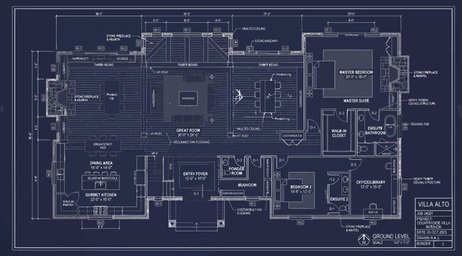 Detailed blueprint of a residential floor plan showing structural layout and room dimensions