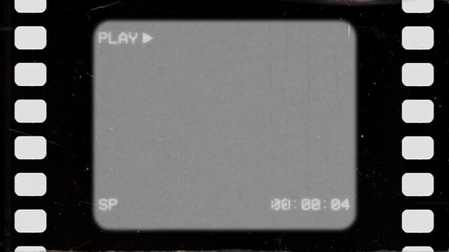 Vintage film strip overlay with play indicator and digital timecode counter.