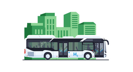 Fototapeta premium Hydrogen powered green energy bus driving through a green cityscape with tall buildings and urban landscape.