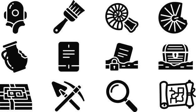 Archaeology and Ancient Treasure Black Glyph Icons Set with Artifacts Excavation Maps and Historical Discovery