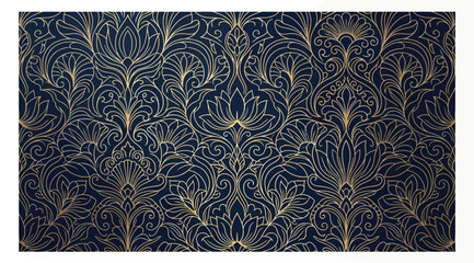 Seamless pattern with golden floral damask ornament on a dark navy blue background © Saharia
