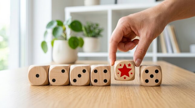 Wooden blocks representing differentiation and marketing strategy concept with a red star icon.