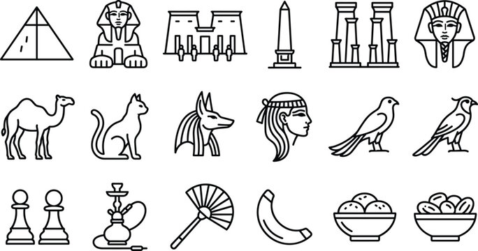 Egyptian Culture and Landmark Line Icon Set Featuring Pyramid Sphinx Pharaoh Anubis Camel Tourism Graphic