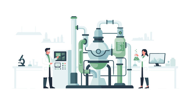 Scientists in lab coats operate green energy machinery with control panels and computers nearby in a modern laboratory setting with equipment.