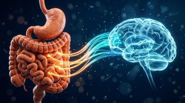 An illustration of the gut and brain connected by colorful neural signal streams for gut-brain axis communication.