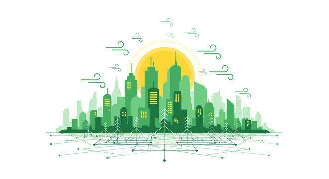 Green energy powers a futuristic cityscape with sleek skyscrapers and wind turbines under a sunny yellow sun with flying green vehicles and wires.