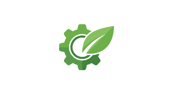 A green energy logo featuring a leaf and gear symbolizes eco-friendly technology and innovation in a futuristic setting with modern design elements and sustainable solutions.