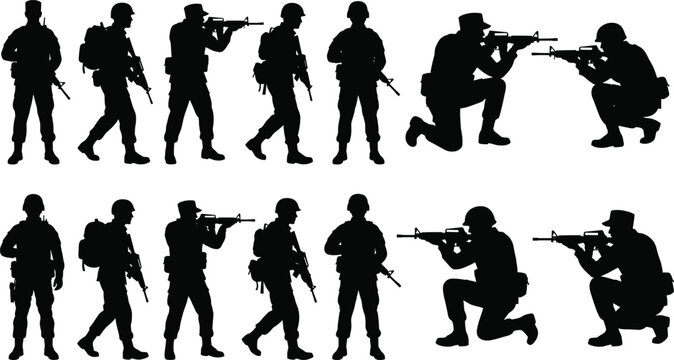 Military Soldier Silhouettes Collection Set in Various Combat Poses and Positions on White Background