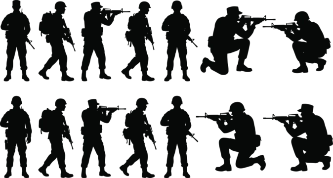 Military Soldier Silhouettes Collection Set in Various Combat Poses and Positions on White Background