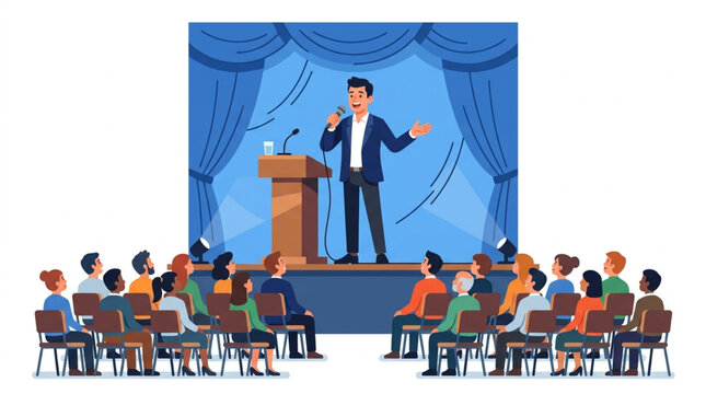 A confident male speaker addresses an attentive audience from a stage with a podium and microphones, against a blue curtain backdrop, conveying a professional presentation