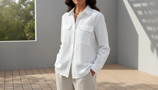 Stylish woman wearing a blank white button up utility shirt on a modern outdoor terrace