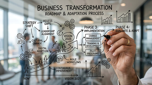 Hand drawing a comprehensive business transformation roadmap and adaptation process diagram on a clear glass board in a modern office setting.