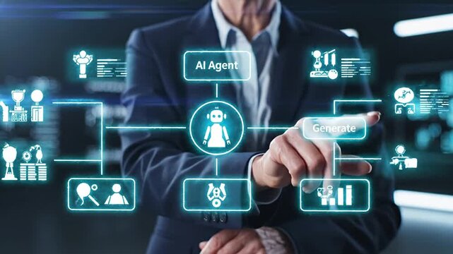 Professional businessman interacts with futuristic AI agent interface for smart automation, digital communication, and data generation. Leveraging artificial intelligence, machine learning, and...