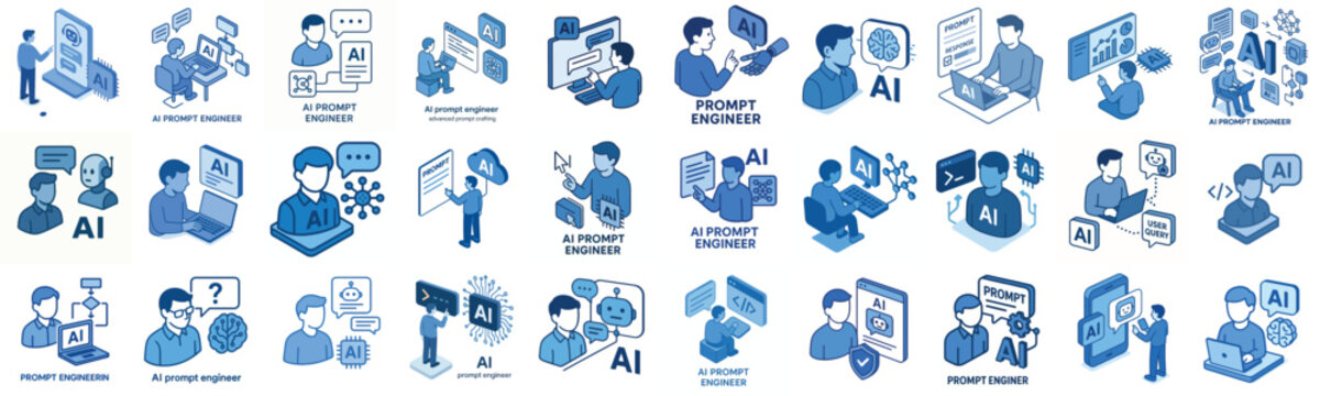 isometric vector icon AI Prompt Engineer blue color