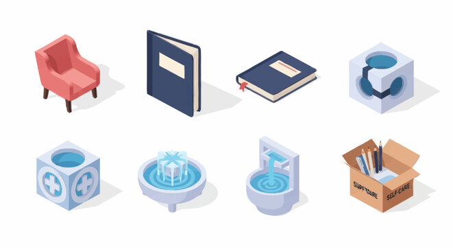 Collection of isometric objects including furniture and office supplies.