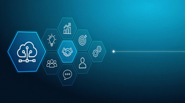 Abstract digital technology concept with cloud computing and business network hexagons
