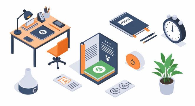 Isometric office supplies and desk setup illustration.