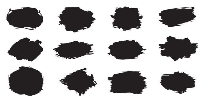 Hand-painted black acrylic dabs collection. Grungy charcoal brush stamps and irregular distressed ink splats set.