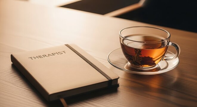 Therapist's journal and warm tea sit on a desk, ready for a session of reflection and comfort.