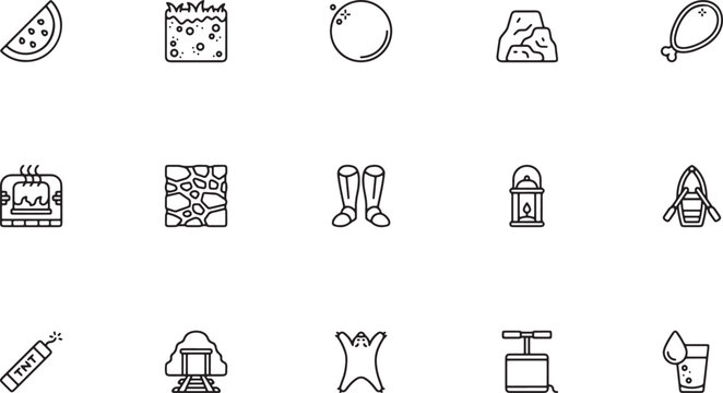 Medieval RPG Adventure and Exploration Line Art Icon Set Featuring Wooden Shields, Treasure Maps, Signposts, Gathering Baskets, and Crystals for Fantasy Game UI and World Building