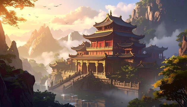 Asian temple amidst mountains sunlight scenic landscape artistic illustration