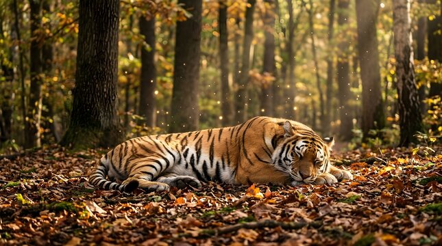 Tiger resting in a forest during autumn