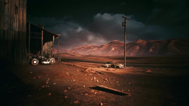 desert outpost night storm clouds, isolated wooden shed beside lone utility pole and scattered motorcycle parts, warm highlights on redrock mesas against dark